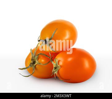 three yellow tomatoes side by side on a white background Stock Photo
