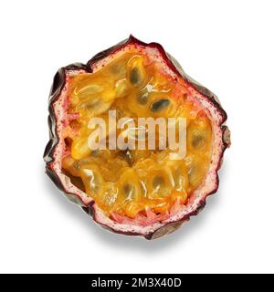 a dried passion fruit cut in half on a white background Stock Photo