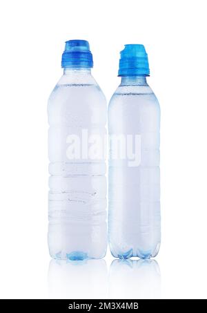 two plastic bottles with mineral water on white background Stock Photo