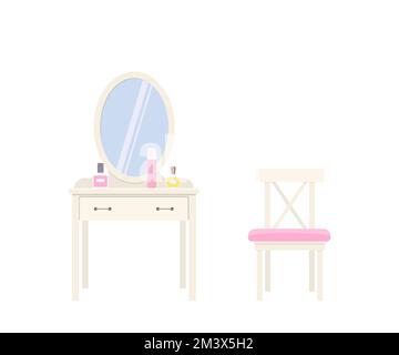 Dressing table with mirror, and chair isolated on white background Stock Vector