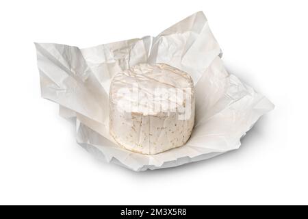 Whole French Bresse Bleu cheese on white paper close up isolated on white background Stock Photo