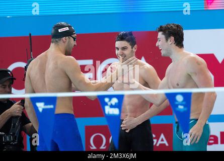 Melbourne, Australia. 17th Dec, 2022. Team Italy celebrate after the men's 4x50m medley relay final at the 16th FINA World Swimming Championships (25m) 2022, in Melbourne, Australia, Dec. 17, 2022. Credit: Hu Jingchen/Xinhua/Alamy Live News Stock Photo