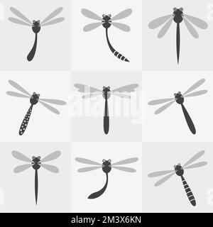 Set of vector dragonfly icons on gray background. Easy editable layered vector illustration. Wild Animals. Stock Vector