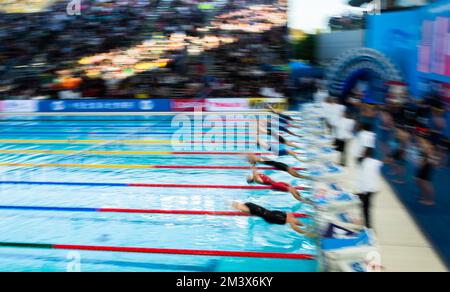 Melbourne, Australia. 17th Dec, 2022. Athletes jump into water during the women's 4x50m medley relay final at the 16th FINA World Swimming Championships (25m) 2022, in Melbourne, Australia, Dec. 17, 2022. Credit: Hu Jingchen/Xinhua/Alamy Live News Stock Photo