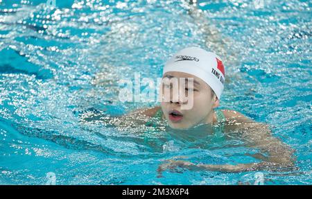 Melbourne, Australia. 17th Dec, 2022. Tang Qianting of China reacts after the women's 50m breaststroke semifinal at the 16th FINA World Swimming Championships (25m) 2022, in Melbourne, Australia, Dec. 17, 2022. Credit: Hu Jingchen/Xinhua/Alamy Live News Stock Photo