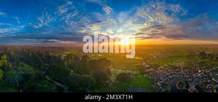 Panorama of Tam coc at sunrise in Vietnam. Stock Photo