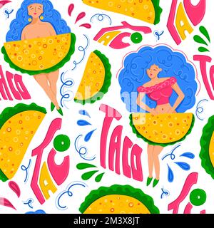 Taco. Mexican cuisine. Taco seamless pattern. Modern print for printing on T-shirts and postcards Stock Vector