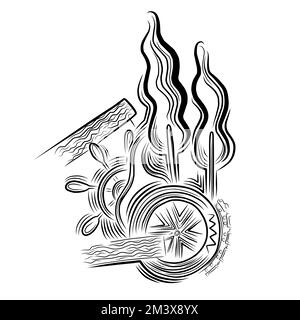 abstract linear sketch for a tattoo. trees and wheels. concept of travel Stock Vector