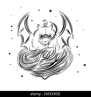 bat line sketch for tattoo. Vampire with the head of a bat. Stock Vector