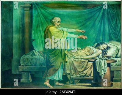 ANNECY, FRANCE - JULY 11, 2022: The  frasco Apostle Peter resurrects Tabitha  in St. Pierre Cathedral from 20. cent. Stock Photo