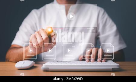 Businessman streaming online, watching video on internet. Online live stream window. Video streaming on internet concept. Live digital stream multimed Stock Photo