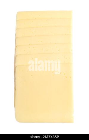 Stack of gouda cheese slices, isolated, from above. Sliced sweet, creamy and yellow cheese, made of cow milk, originated from Gouda in the Netherlands. Stock Photo