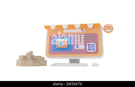 3D. Computer pc with QR code screen buy. Concept online shopping. white background Stock Photo