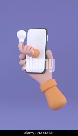 3D business, technology, startup, idea and people concept. hand holding smartphone with light bulb icon Stock Photo