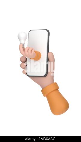 3D business, technology, startup, idea and people concept. hand holding smartphone with light bulb icon Stock Photo