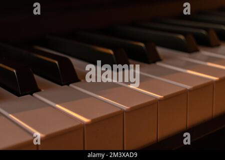 Close-up on an electronic keyboard on sunset. Concept of composing and learning music. Copy space. Stock Photo