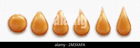 Caramel drops, toffee, sugar caramelization, sweet sauce drips of different shapes isolated on transparent background. Orange or brown glossy fudge or Stock Vector