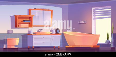 Cartoon bathroom interior design. Vector illustration of bath, toilet, sink, mirror, toothbrushes, soap bottle, towels on shelf in clean room with lar Stock Vector