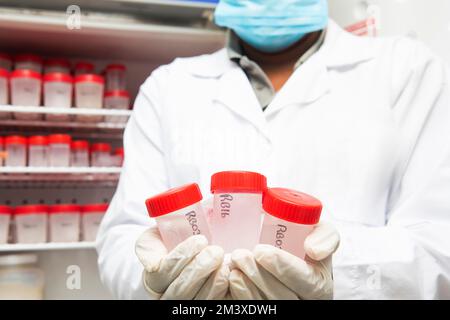 Researcher showing sample holders in a lab. Stock Photo