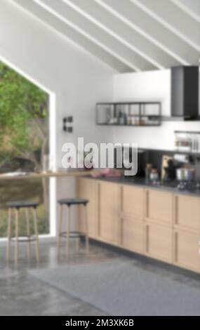 3D. Blur background interior design, minimalistic classic kitchen Stock Photo