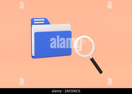 3D. Folder icon and magnifying glass. Open folder icon. Folder with documents Stock Photo