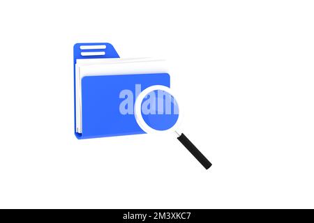 3D. Folder icon and magnifying glass. Open folder icon. Folder with documents Stock Photo