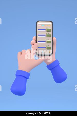 3D. File download button on smartphone screen. Hand holds smartphone, finger touches button. Stock Photo