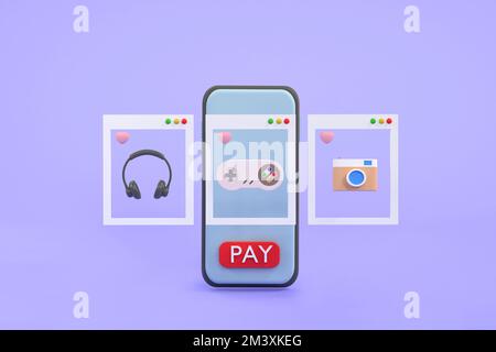 3D. screens Shopping app flat design template for mobile apps. Shopping online concept. Stock Photo