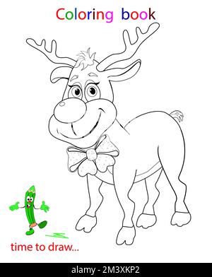 Sketch cartoon reindeer with a bow. Black and white drawing on a white background. Stock Vector