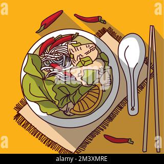 Pho bo soup food top view. Color vector illustration EPS8 Stock Vector