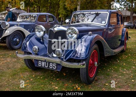1936 Riley 12/4 Kestrel Six-light Saloon ‘BWU 85’ on display at the October Scramble held at the Bicester Heritage Centre on the 9th October 2022. Stock Photo
