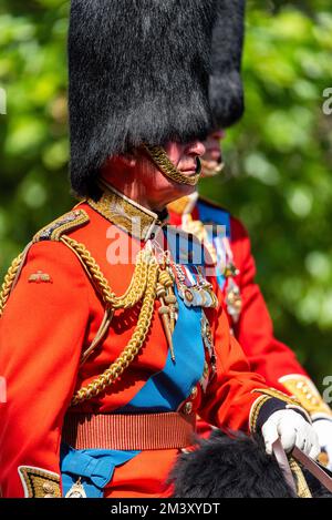 Prince Charles, Prince of Wales, Colonel of the Welsh Guards, in uniform on horseback during Trooping the Colour 2017, The Mall. Became King in 2022 Stock Photo