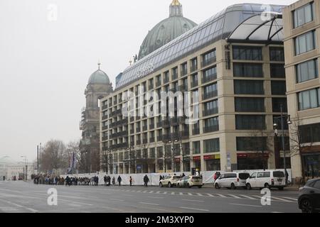 12/17/2022, Berlin, Germany, The locked hotel from the outside. The day after the accident - the Berlin Aquadom was completely closed off. AquaDom in the Berlin hotel 'Radisson Blu' burst  on friday 12/16/22 and around 1 million liters of water with all the fish spilled out..