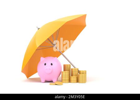 3D. Piggy bank with coins under an yellow umbrella Stock Photo - Alamy