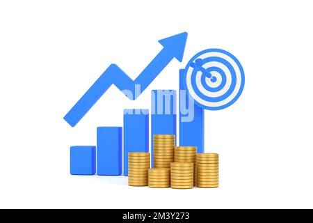 3D. Blue rising arrow, profit bar graph and shield with multiple ...