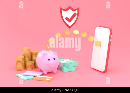 3D financial transactions How to transfer money online between smartphones and piggy banks, saving ideas Stock Photo
