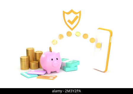 3D financial transactions How to transfer money online between smartphones and piggy banks, saving ideas Stock Photo