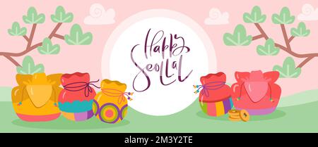 Traditional Korean Color greeting card of New Year Lucky Bags and text Happy Seollal. Fortune Pocket with coins. Bokjumeoni Pukchumoni Art vector Stock Vector