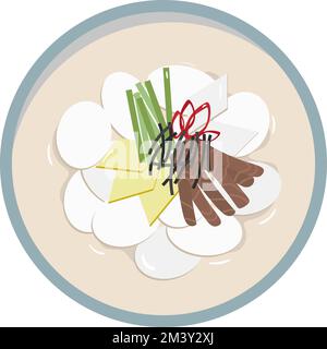 National dish for lunar new year or seollal tteok-guk cut out. Korean traditional soup tteokguk isolated. Oriental holiday tet food in simple flat Stock Vector