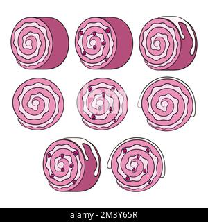 Set of color illustration with pink berry cake roll. Isolated vector objects on a white background. Stock Vector
