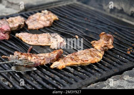 Meat being cooked on traditional public barbecue in park Stock Photo
