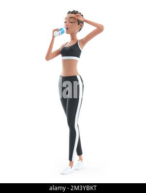 3d sporty character woman drinking water on bottle, illustration isolated on white background Stock Photo