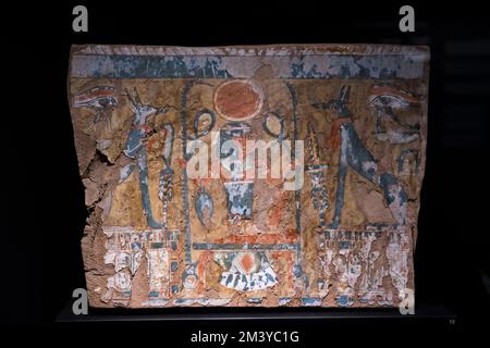 A fragment of painted wood with the names of Amenhotep I in the lower part. 21st Dynasty (1070-945 BC). Egyptian museum, Barcelona, Catalonia, Spain Stock Photo
