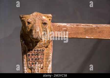 various exhibit items, on display, Detail of Stool with the front legs in the shape of a lion. Painted wood and leather. Stool rebuilt. Egyptian museu Stock Photo