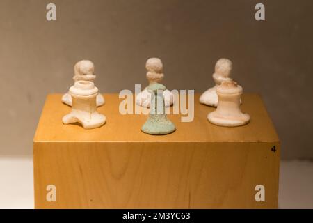 Game pieces. alabaster and limestone. New Kingdom (1550-1070 BC). Various exhibit items, on display, showcases, exhibits, Egyptian museum, Barcelona, Stock Photo