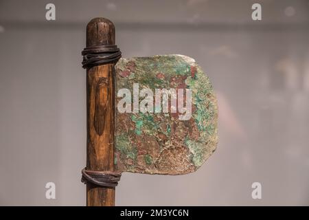 Carapenter's axe. Middle Kingdom (2040-1640 BC). Various exhibit items, on display, showcases, exhibits, Egyptian museum, Barcelona, Catalonia, Spain Stock Photo
