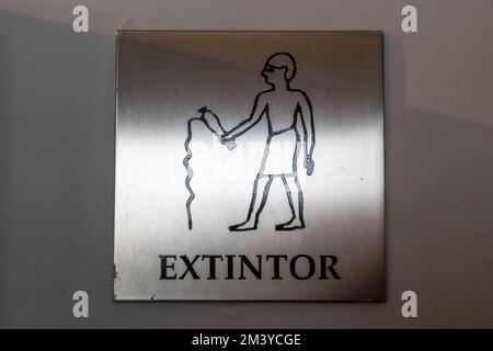 fire extinguisher symbol, informative pictogram, Egyptian museum Barcelona, Barcelona, Catalonia, Spain Stock Photo