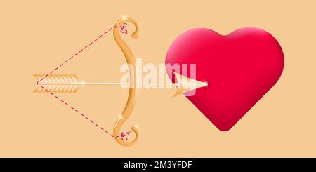 Golden bow and arrow of cupid with heart. Romantic love symbol of Valentines day. The concept of the holiday of Valentine's day. Vector illustration. Stock Vector