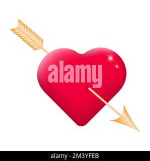 3d red heart pierced by Cupid's golden arrow. Love symbol concept. Heart with an arrow on a white background. Vector illustration. Stock Vector