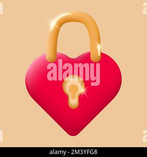 3D padlock in the shape of a red heart on a beige background. Closed lock. Romantic symbol of love. Love concept for Valentines Day. Vector Stock Vector